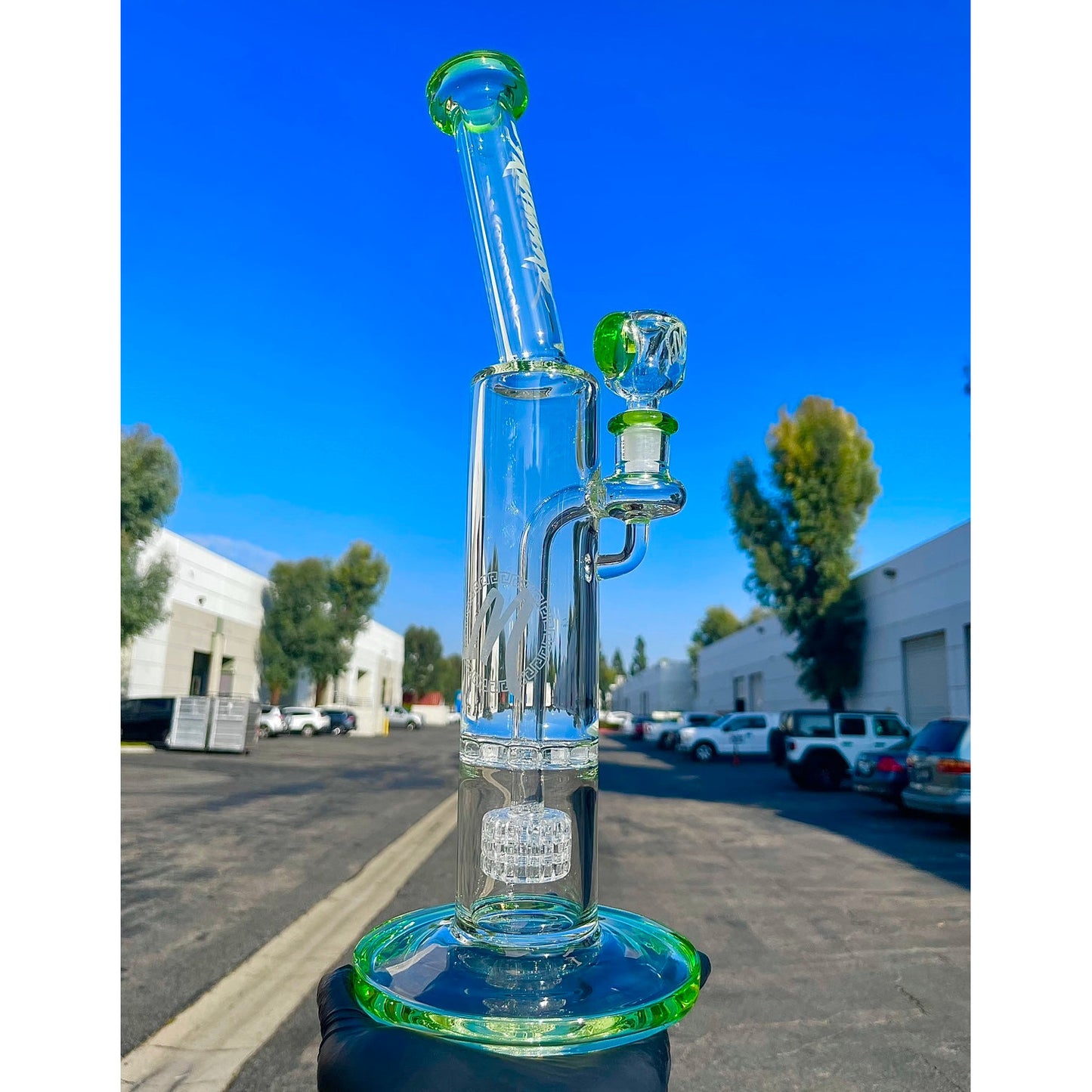 Monark Ratchet Bubbler/Dab Rig with matrix perk and matching bowl.